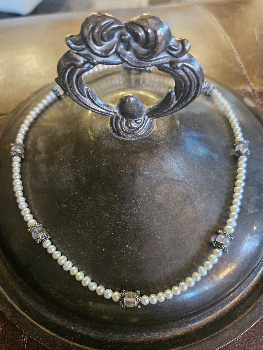 Hand Crafted White Pearl Necklace with Silver Accents